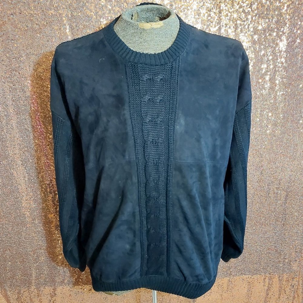 Vintage Italy Genuine Leather Men's Black Wool Knitted Sweater US-XXXL /EU-54